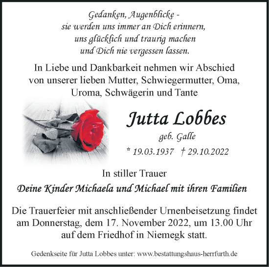 Traueranzeige von Jutta Lobbes von Märkische Oderzeitung