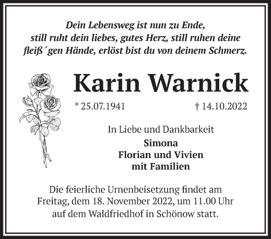 Traueranzeige von Karin Warnick von Märkische Oderzeitung