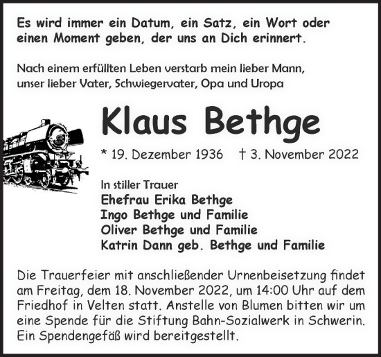 Traueranzeige von Klaus Bethge von Märkische Oderzeitung