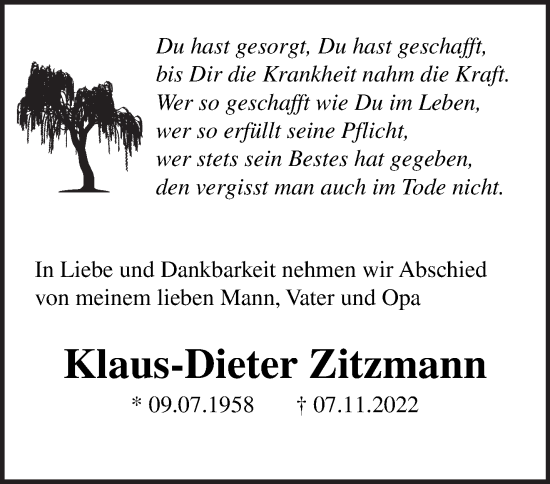 Traueranzeige von Klaus-Dieter Zitzmann von Märkische Oderzeitung