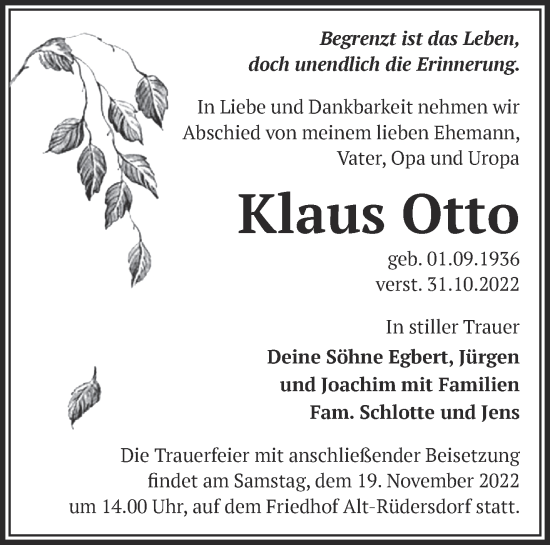 Traueranzeige von Klaus Otto von Märkische Oderzeitung