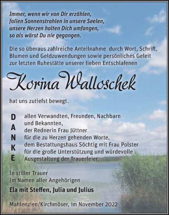 Traueranzeige von Korina Walloschek von Märkische Oderzeitung