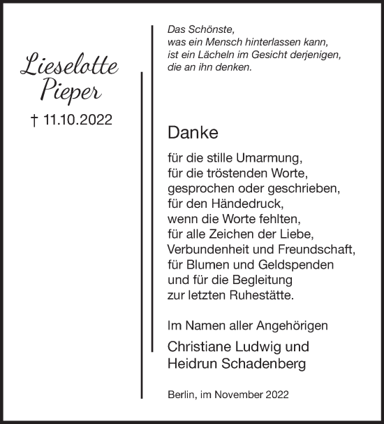 Traueranzeige von Lieselotte Pieper von Märkische Oderzeitung