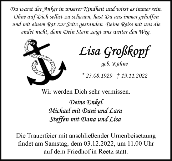 Traueranzeige von Lisa Großkopf von Märkische Oderzeitung