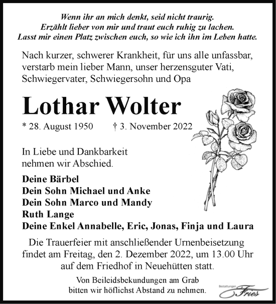 Traueranzeige von Lothar Wolter von Märkische Oderzeitung