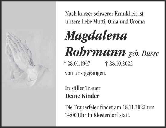 Traueranzeige von Magdalena Rohrmann von Märkische Oderzeitung