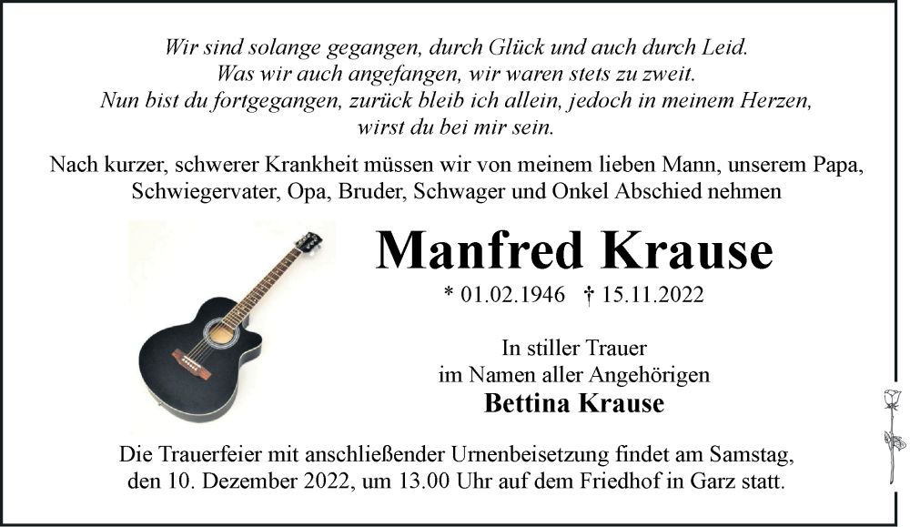  Traueranzeige für Manfred Krause vom 19.11.2022 aus Märkische Oderzeitung