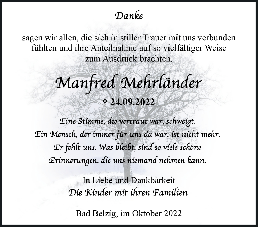 Traueranzeigen von Manfred Mehrländer Märkische Onlinezeitung