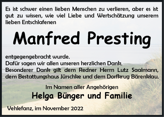 Traueranzeige von Manfred Presting von Märkische Oderzeitung