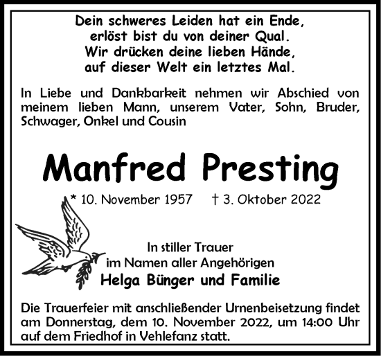 Traueranzeige von Manfred Presting von Märkische Oderzeitung