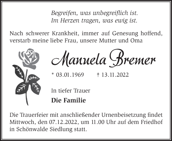 Traueranzeige von Manuela Bremer von Märkische Oderzeitung