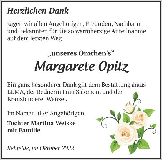 Traueranzeige von Margarete Opitz von Märkische Oderzeitung