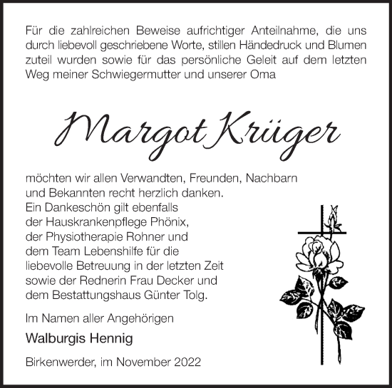 Traueranzeige von Margot Krüger von Märkische Oderzeitung