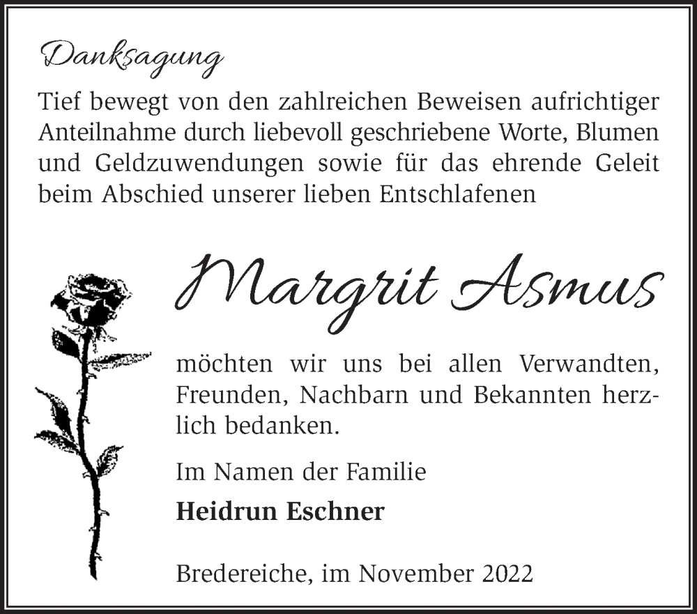  Traueranzeige für Margrit Asmus vom 30.11.2022 aus Märkische Oderzeitung