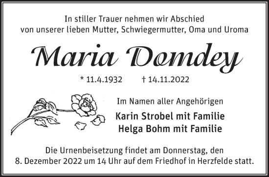 Traueranzeige von Maria Domdey von Märkische Oderzeitung