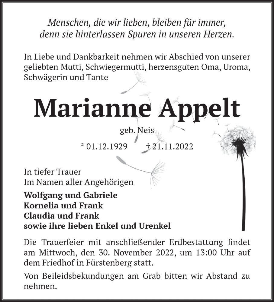  Traueranzeige für Marianne Appelt vom 25.11.2022 aus Märkische Oderzeitung