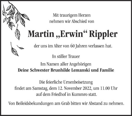 Traueranzeige von Martin Rippler von Märkische Oderzeitung