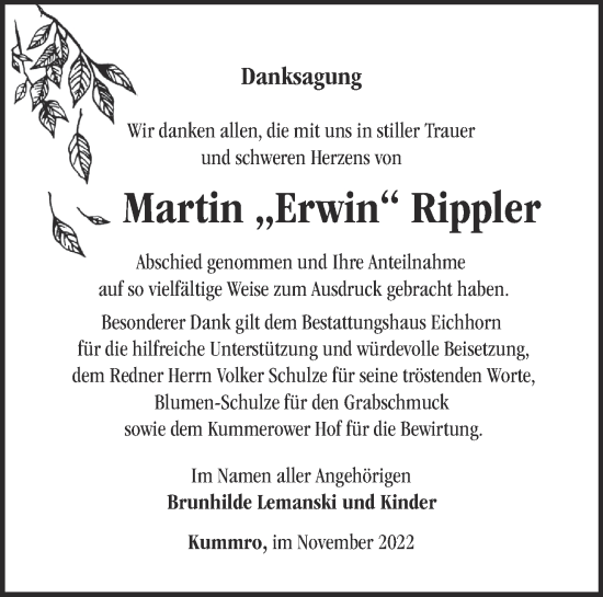 Traueranzeige von Martin Rippler von Märkische Oderzeitung