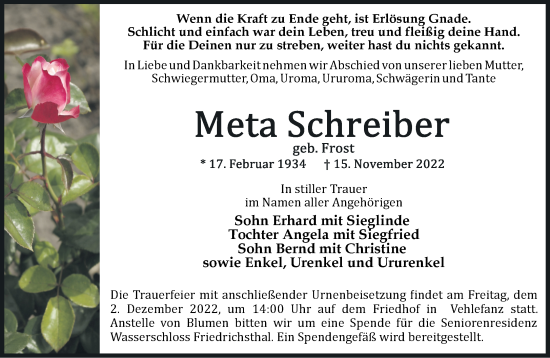 Traueranzeige von Meta Schreiber von Märkische Oderzeitung