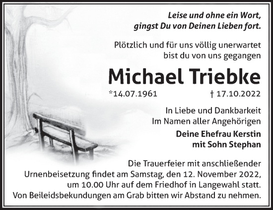 Traueranzeige von Michael Triebke von Märkische Oderzeitung