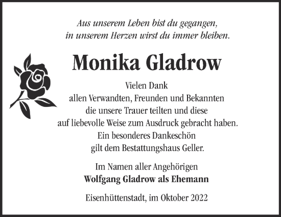 Traueranzeige von Monika Gladrow von Märkische Oderzeitung