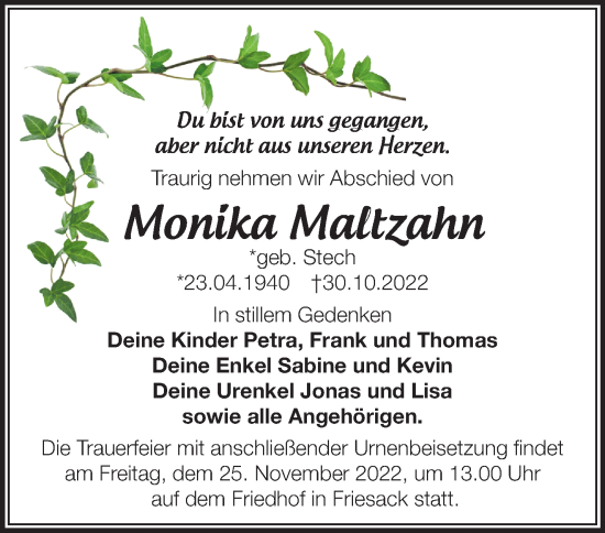 Traueranzeige von Monika Maltzahn von Märkische Oderzeitung