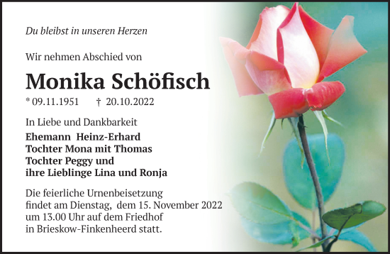 Traueranzeige von Monika Schöfisch von Märkische Oderzeitung