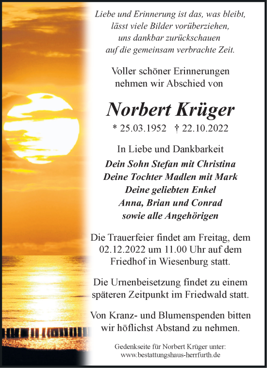 Traueranzeige von Norbert Krüger von Märkische Oderzeitung