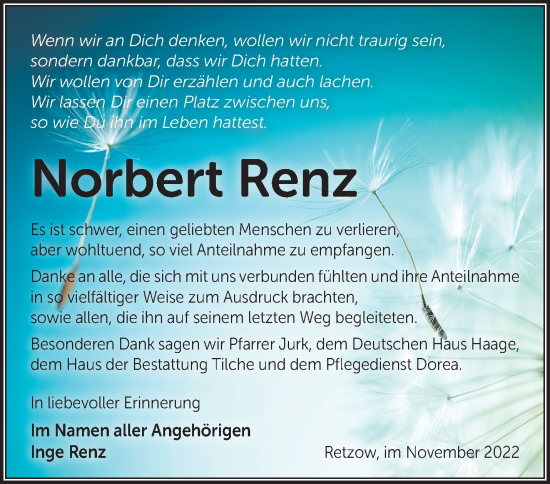 Traueranzeige von Norbert Renz von Märkische Oderzeitung