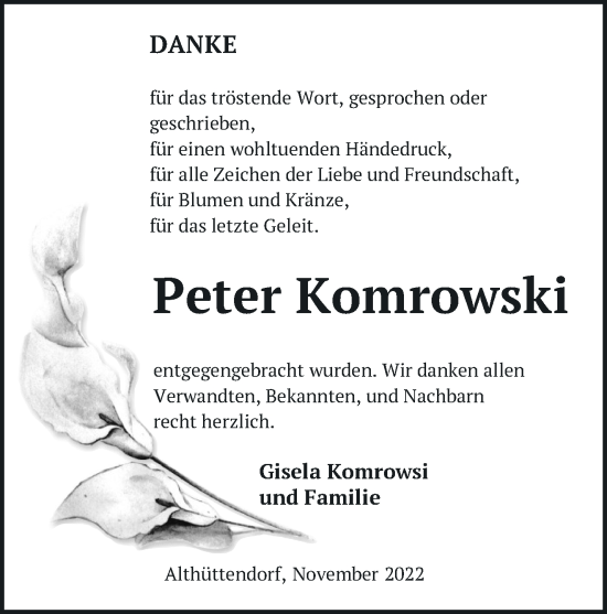 Traueranzeige von Peter Komrowski von Märkische Oderzeitung