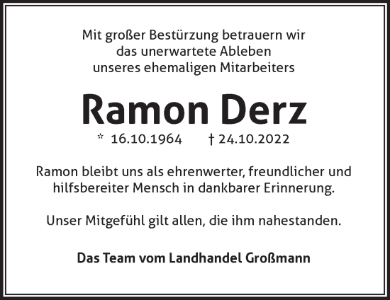 Traueranzeige von Ramon Derz von Märkische Oderzeitung