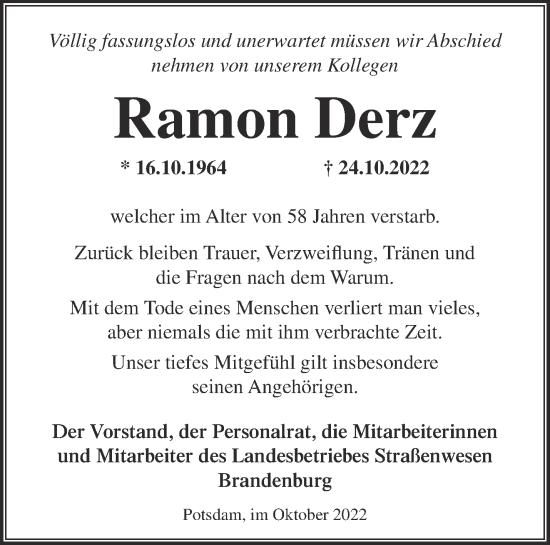 Traueranzeige von Ramon Derz von Märkische Oderzeitung