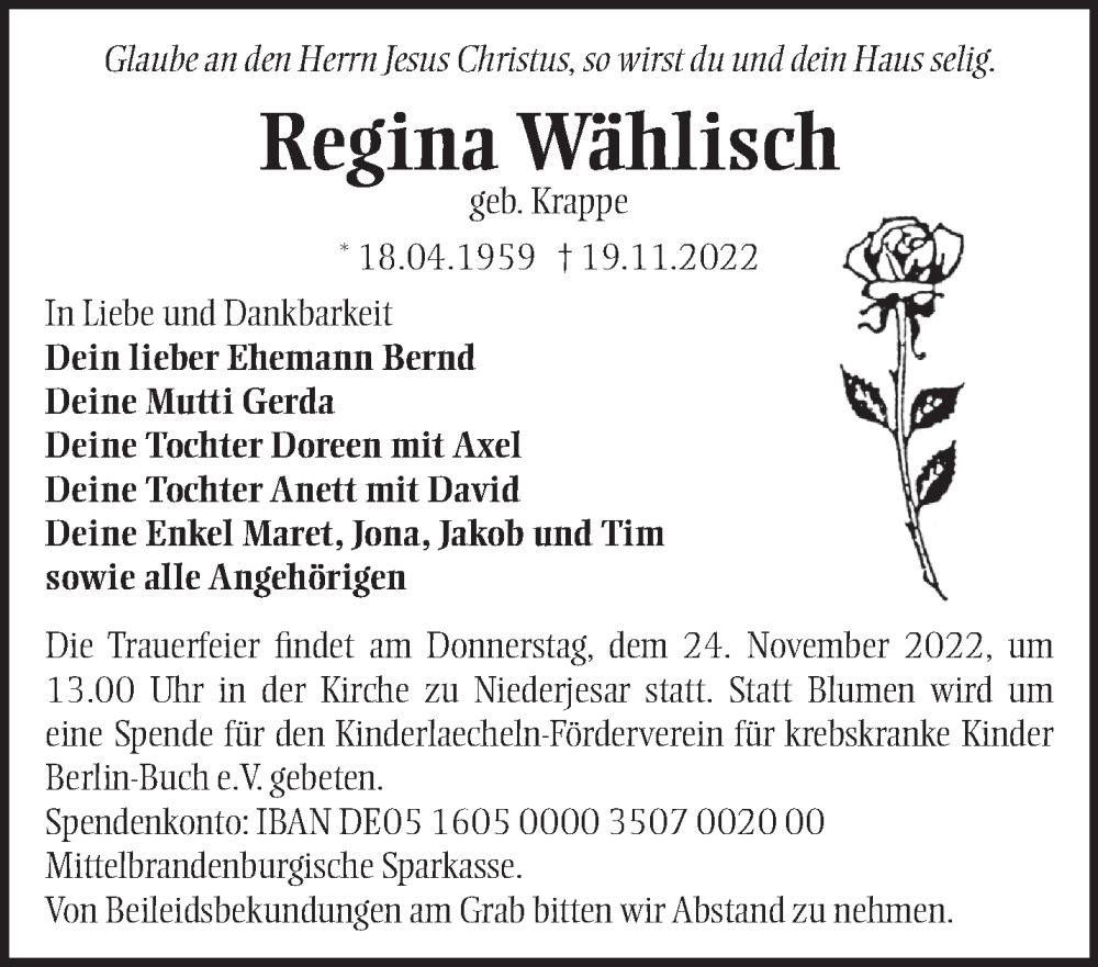  Traueranzeige für Regina Wählisch vom 22.11.2022 aus Märkische Oderzeitung
