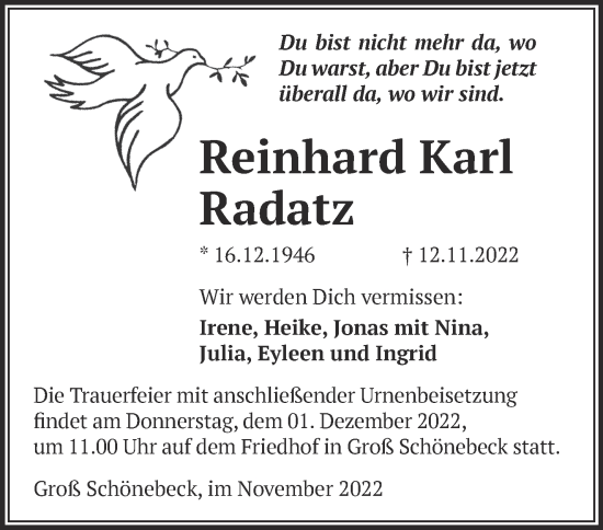 Traueranzeige von Reinhard Karl Radatz von Märkische Oderzeitung