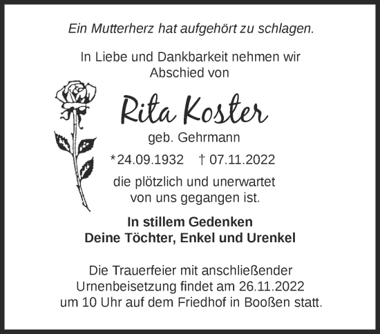 Traueranzeige von Rita Koster von Märkische Oderzeitung