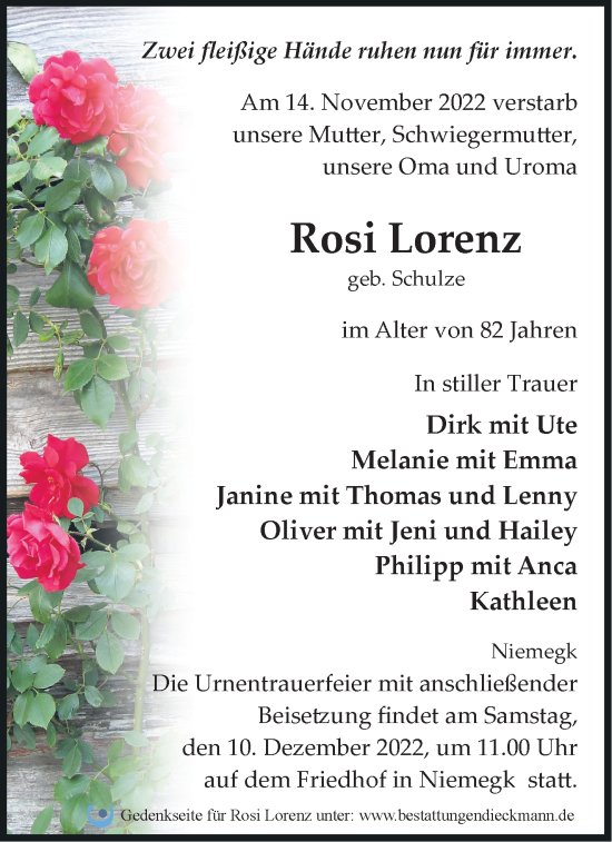 Traueranzeige von Rosi Lorenz von Märkische Oderzeitung