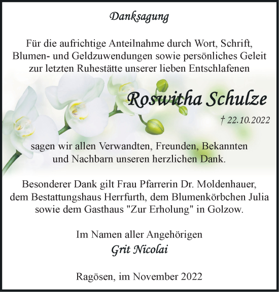 Traueranzeige von Roswitha Schulze von Märkische Oderzeitung