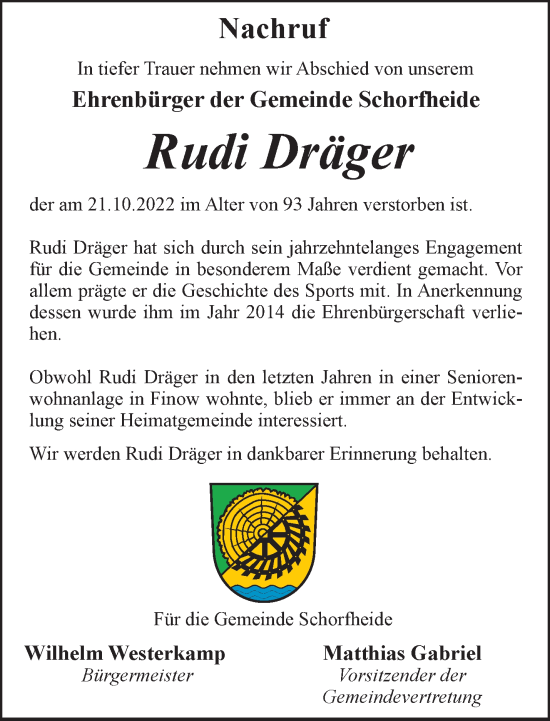 Traueranzeige von Rudi Dräger von Märkische Oderzeitung