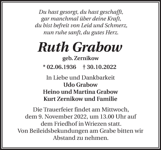 Traueranzeige von Ruth Grabow von Märkische Oderzeitung