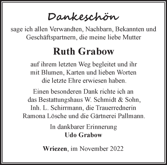 Traueranzeige von Ruth Grabow von Märkische Oderzeitung