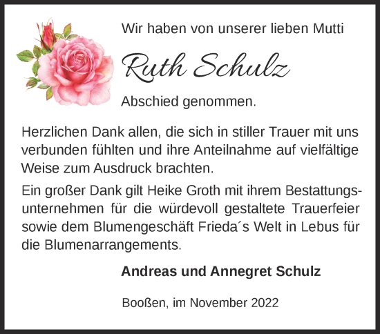 Traueranzeige von Ruth Schulz von Märkische Oderzeitung