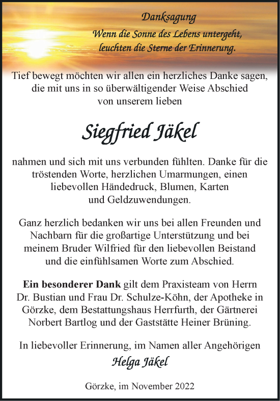 Traueranzeige von Siegfried Jäkel von Märkische Oderzeitung