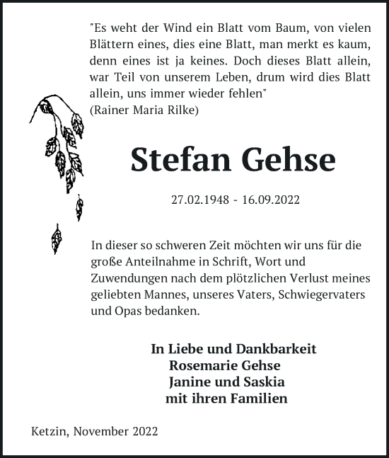 Traueranzeige von Stefan Gehse von Märkische Oderzeitung