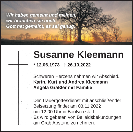 Traueranzeige von Susanne Kleemann von Märkische Oderzeitung