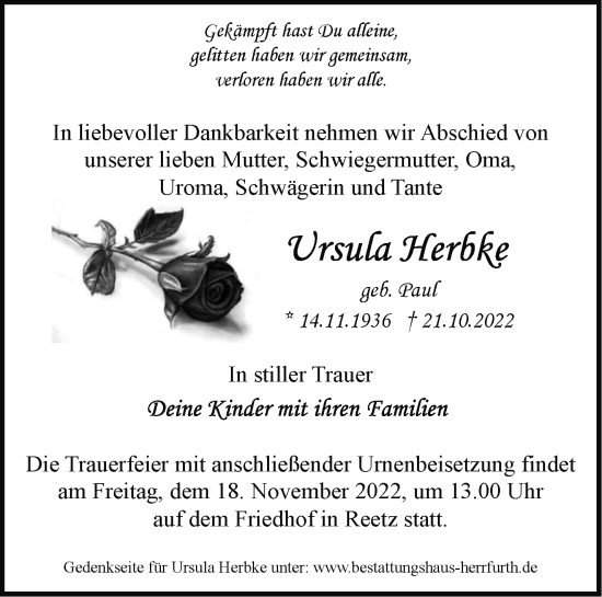 Traueranzeige von Ursula Herbke von Märkische Oderzeitung