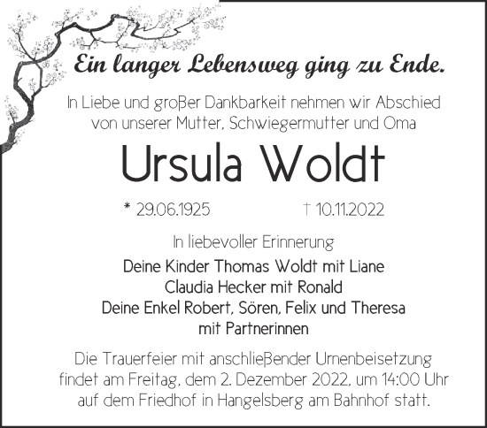 Traueranzeige von Ursula Woldt von Märkische Oderzeitung