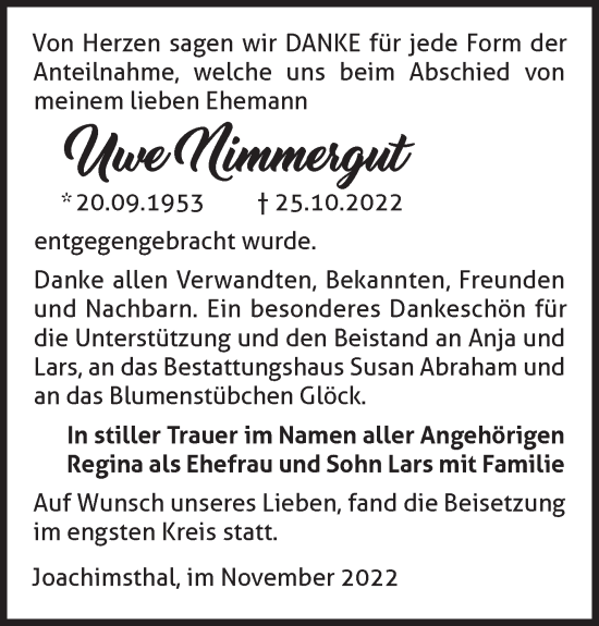 Traueranzeige von Uwe Nimmergut von Märkische Oderzeitung