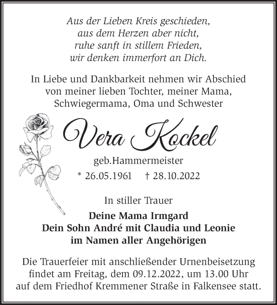 Traueranzeige von Vera Kockel von Märkische Oderzeitung