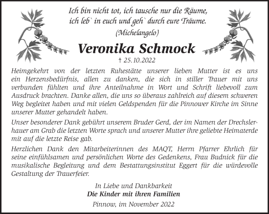 Traueranzeige von Veronika Schmock von Märkische Oderzeitung