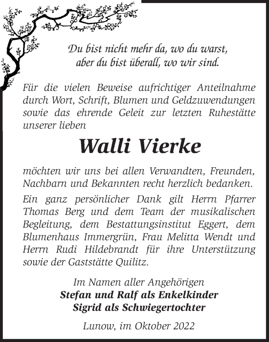 Traueranzeige von Walli Vierke von Märkische Oderzeitung